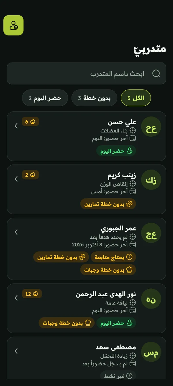 قائمة متدرّبي المدرّب مع هدف كل متدرّب وآخر حضور له والخطط الناقصة