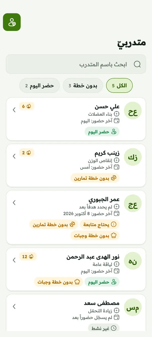 قائمة متدرّبي المدرّب مع هدف كل متدرّب وآخر حضور له والخطط الناقصة
