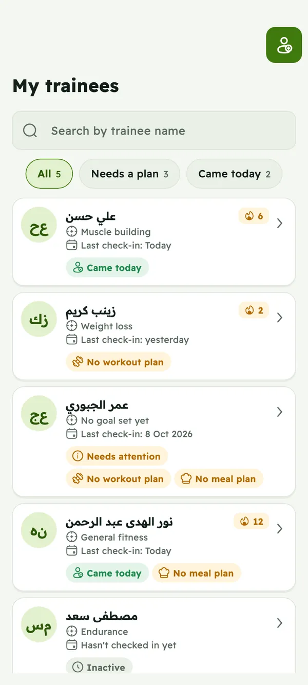 Coach's trainee list showing each trainee's goal, last check-in and missing plans